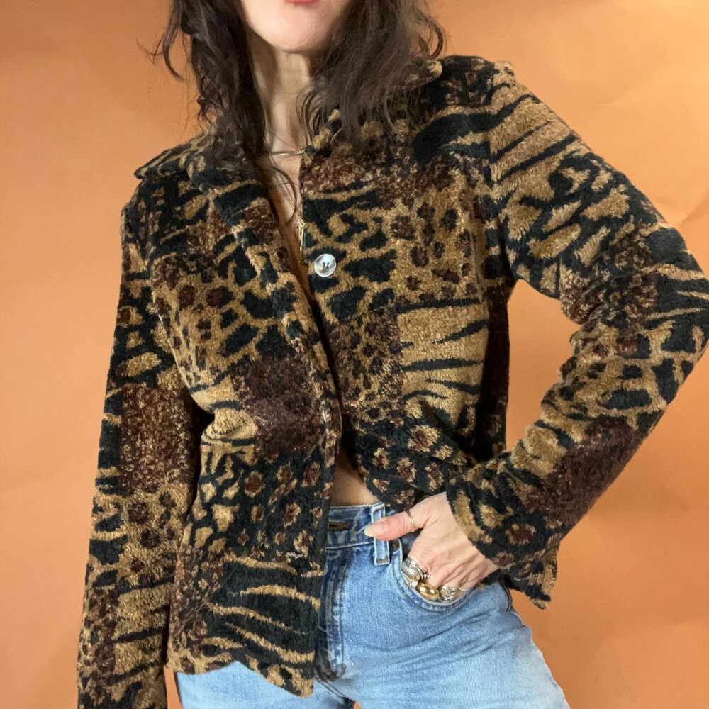 Vintage Fuzzy Mixed Animal Print Patchwork 90s Jacket